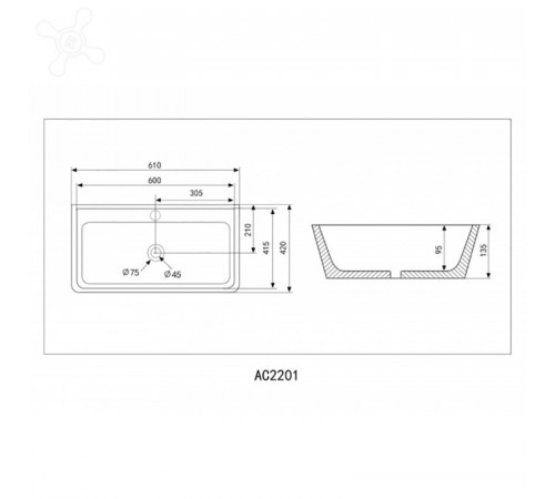 Раковина Abber Rechteck AC2201MB, накладная, 61 х 42 х 13.5 см, черная матовая
