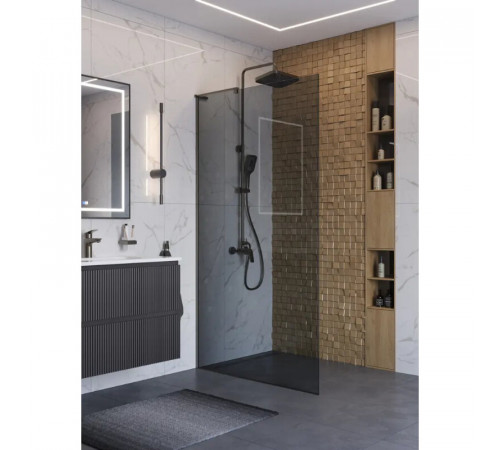 Душевая стенка BelBagno UNO-L-1-TB-110-GR-GM, 110 см, стекло тонированное графит, профиль вороненая сталь, gunmetal