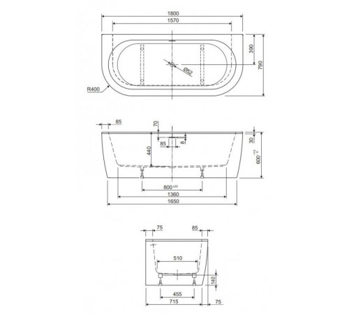 Ванна акриловая Cezares Slim Wall-180-80-44-W37, 180 x 80 см, белый