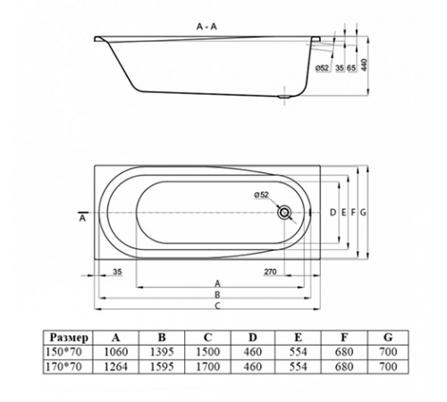 Ванна акриловая Vincea VBT-2B170-LG, 170 x 70 см, с ножками, белая