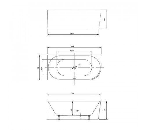 Ванна акриловая Vincea VBT-402-1500L/VBT-402-1500R, 150 x 75 см, слив-перелив в комплекте, левая/правая, цвет белый