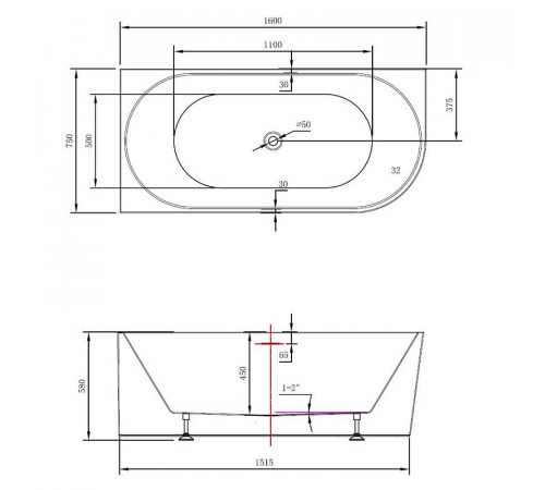 Ванна акриловая Vincea VBT-402-1600L/VBT-402-1600R, 160 x 75 см, слив-перелив в комплекте, левая/правая, цвет белый