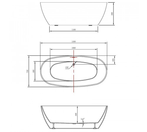 Ванна акриловая Vincea VBT-405-1500, 150 x 75 см, щелевой перелив, цвет белый