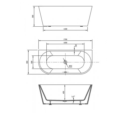 Ванна акриловая Vincea VBT-421-1700MB, 170 x 80 см, слив-перелив в комплекте, черный матовый