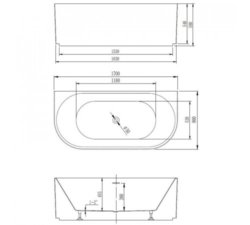 Ванна акриловая Vincea VBT-427-1700, 170 x 80 см, щелевой перелив, цвет белый