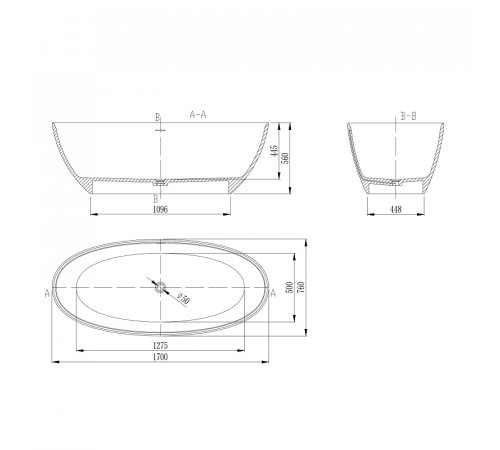 Ванна из искусственного камня Vincea VBT-4S01MW, 170 x 76 см, слив-перелив в комплекте, белый матовый