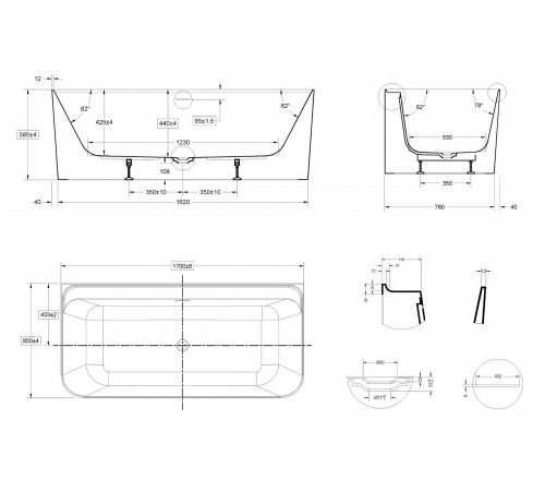 Ванна акриловая Vincea VBT-702-1700, 170 x 80 см, белая