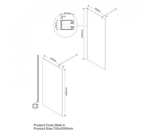 Душевая стенка Vincea Walk-In 70 см со свободным входом, стекло прозрачное, профиль воронёная сталь, gunmetal, VSW-1H700CLGM