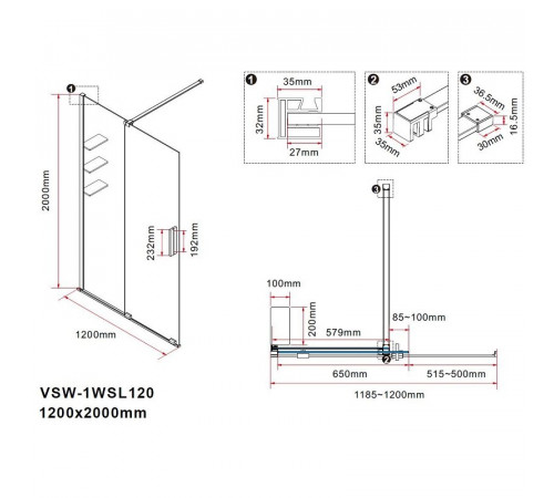 Душевая стенка Vincea Walk in WSL VSW-1WSL120CGB, 120 см, стекло тонированное, профиль черный матовый